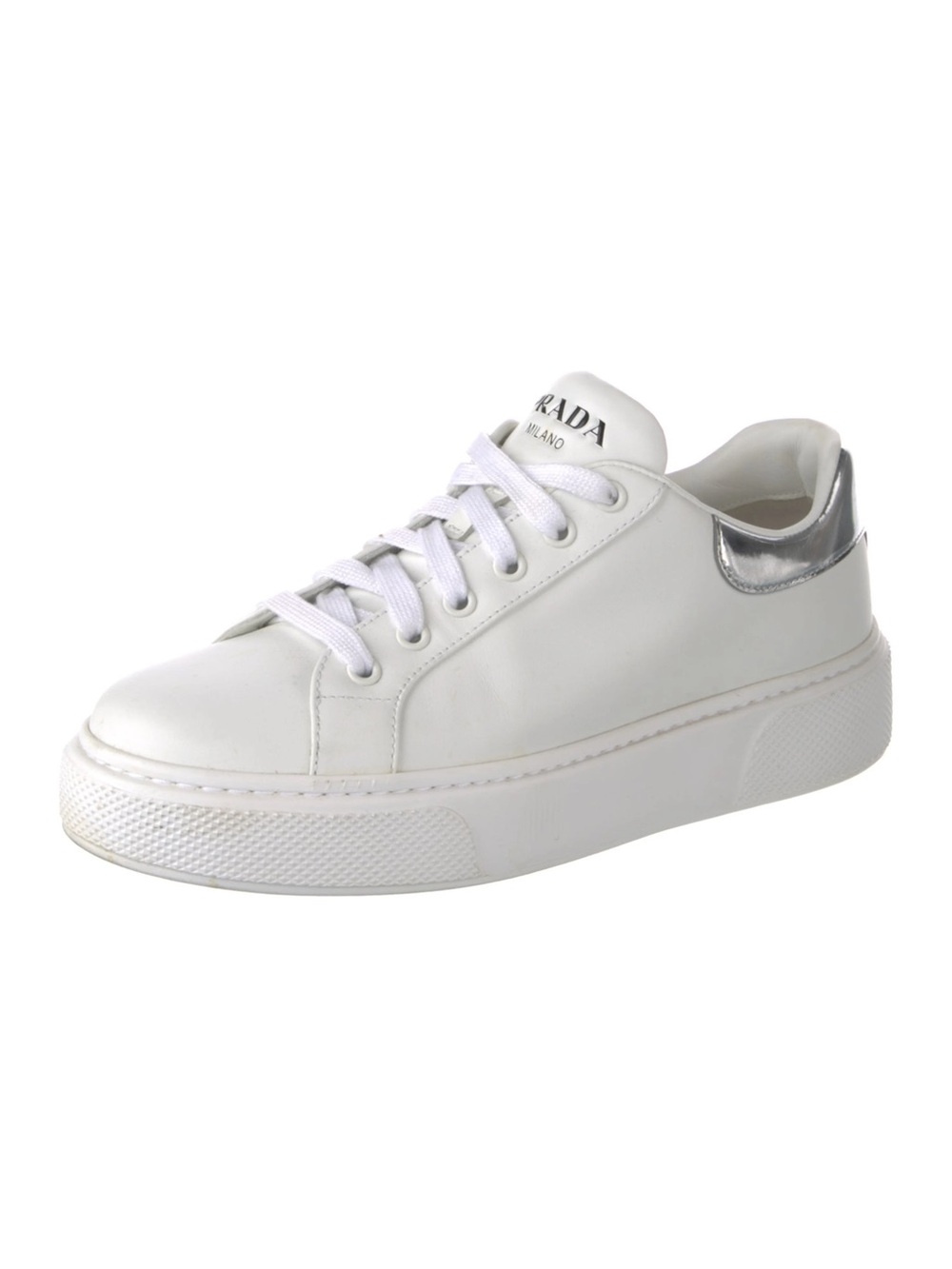 Prada White Leather Platform Sneakers Silver Heel size 7.5